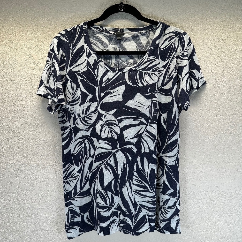 Ann Taylor Top Linen Womens L Large Short Sleeve Floral Summer Coastal Beach
